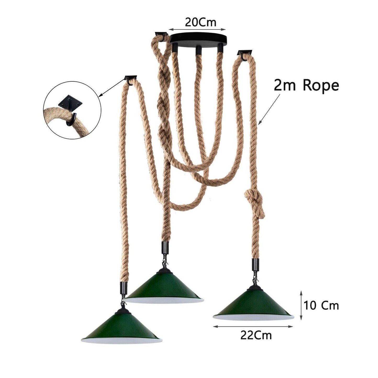 Industrial vintage Retro 3 Head Hemp Spider Chandelier Cone Green - l'Ame du temps