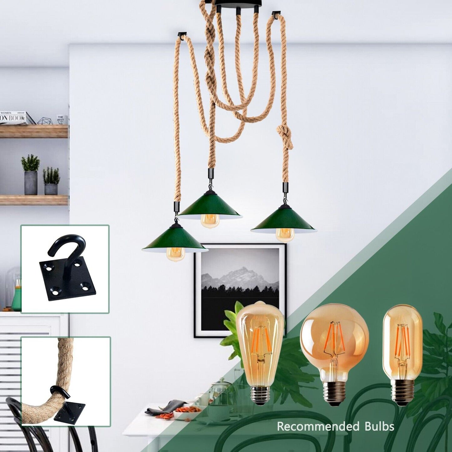 Industrial vintage Retro 3 Head Hemp Spider Chandelier Cone Green - l'Ame du temps