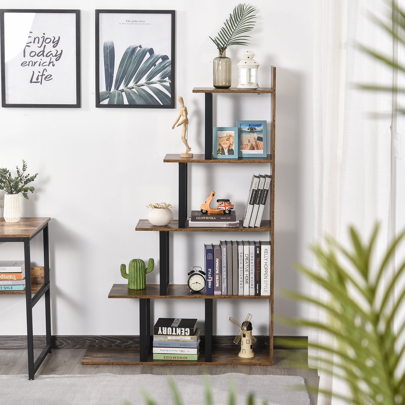 HOMCOM Ladder Shelf 5-Tier Industrial Style Bookshelf Storage - l'Ame du temps