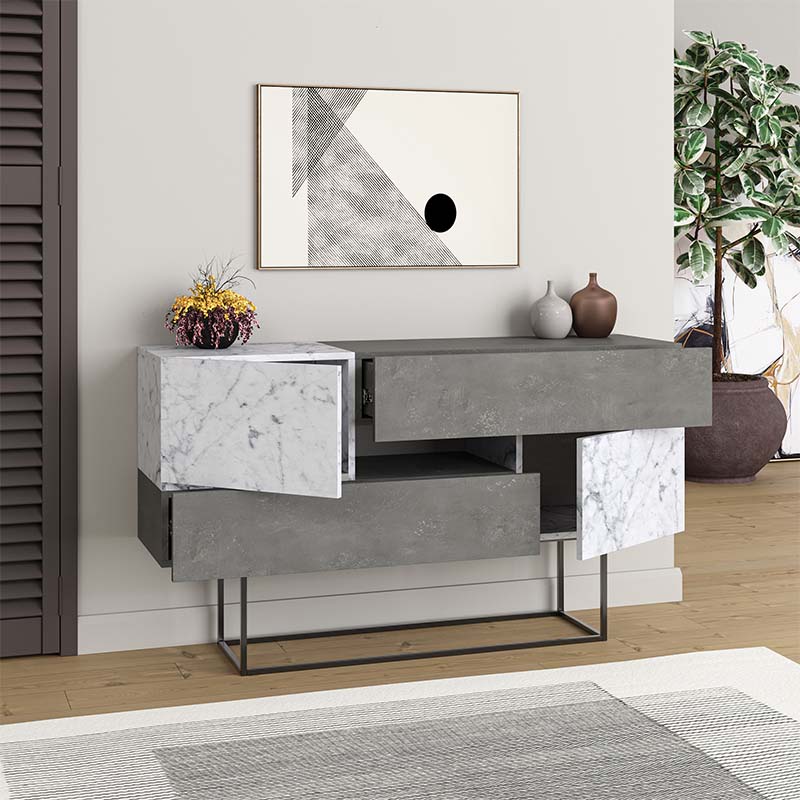 Buffet MIRACLE Retro Grey - White Marble Effect 145x40x82cm - l'Ame du temps