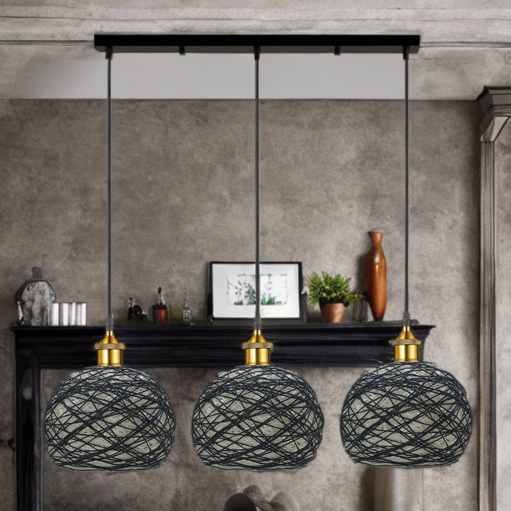 Lampe Suspendue Plafond 3 Ampoules Forme Globe Tressée, Style Rétro - l'Ame du temps