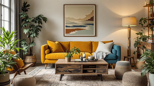 Cozy living room with vintage furniture, mid-century style and warm atmosphere.