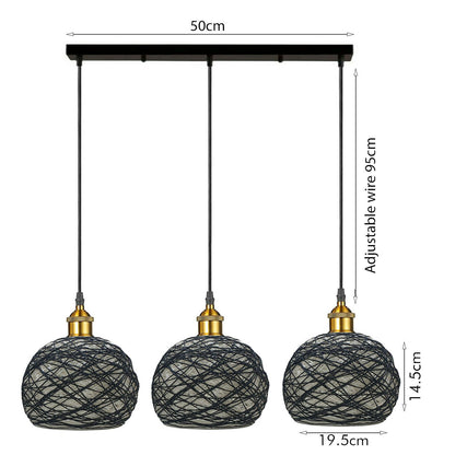 3 Head Wicker Globe Shape Pendant Shade Retro Hanging Ceiling Lame - l'Ame du temps 